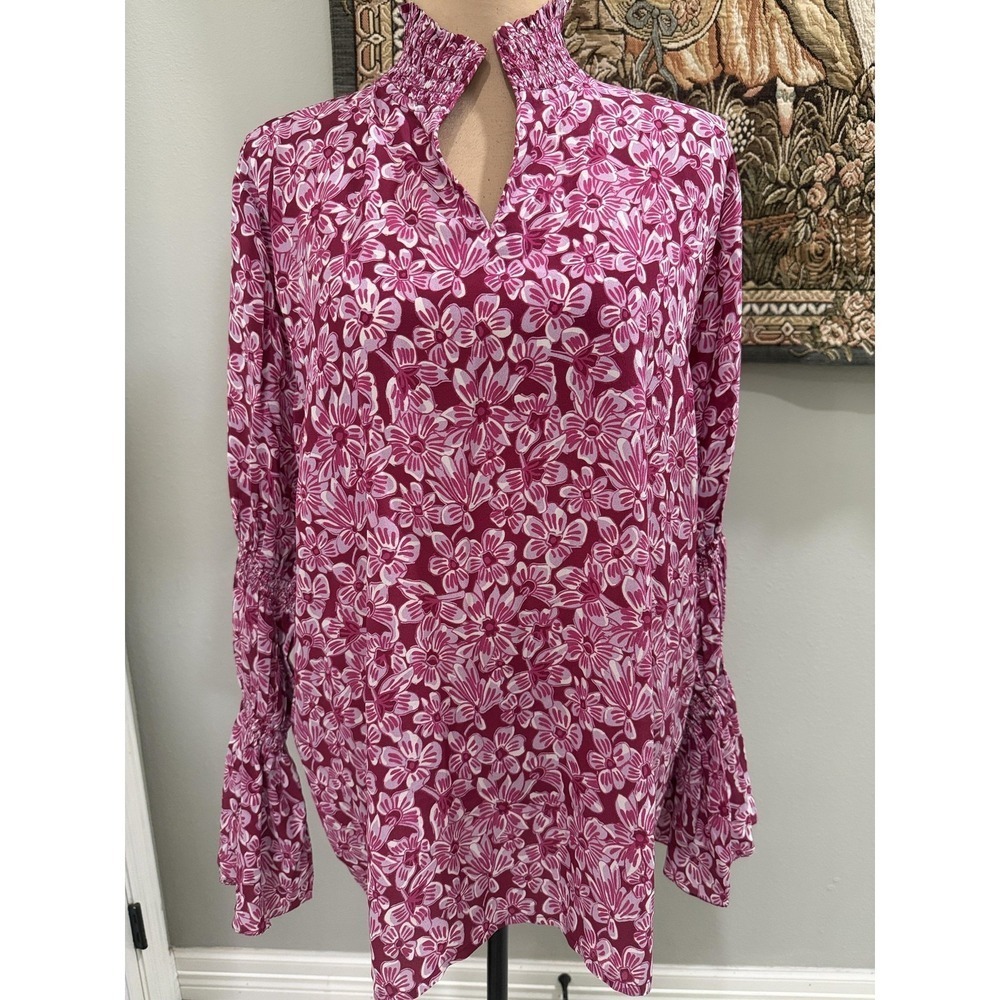 Rungolee Blouse Womens XL Pink Floral High Neck Bell Sleeve Silk Tunic Top
